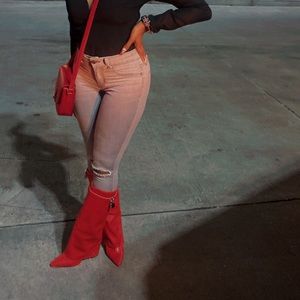 RED BUCKLE UNDER KNEE BOOTS